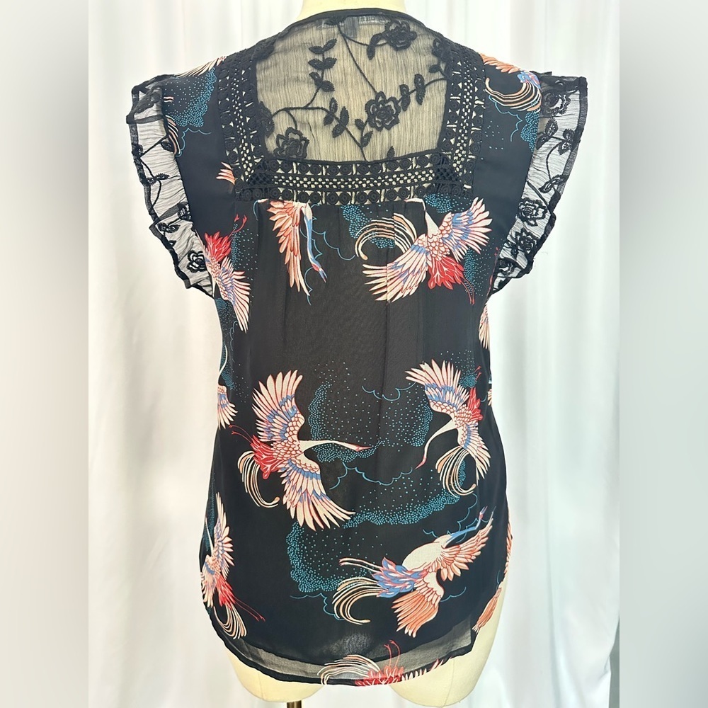 Daniel Rainn Black Crane Print Lace Detail Blouse – Size M(1217) - Picture 5 of 14